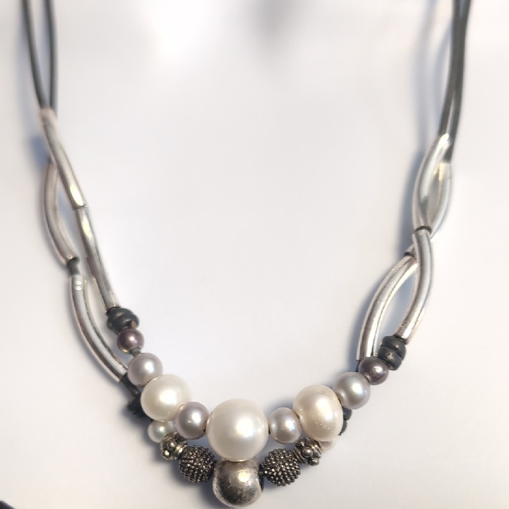Lizzy James Black Cord Necklace with Silver and Pearl Accents